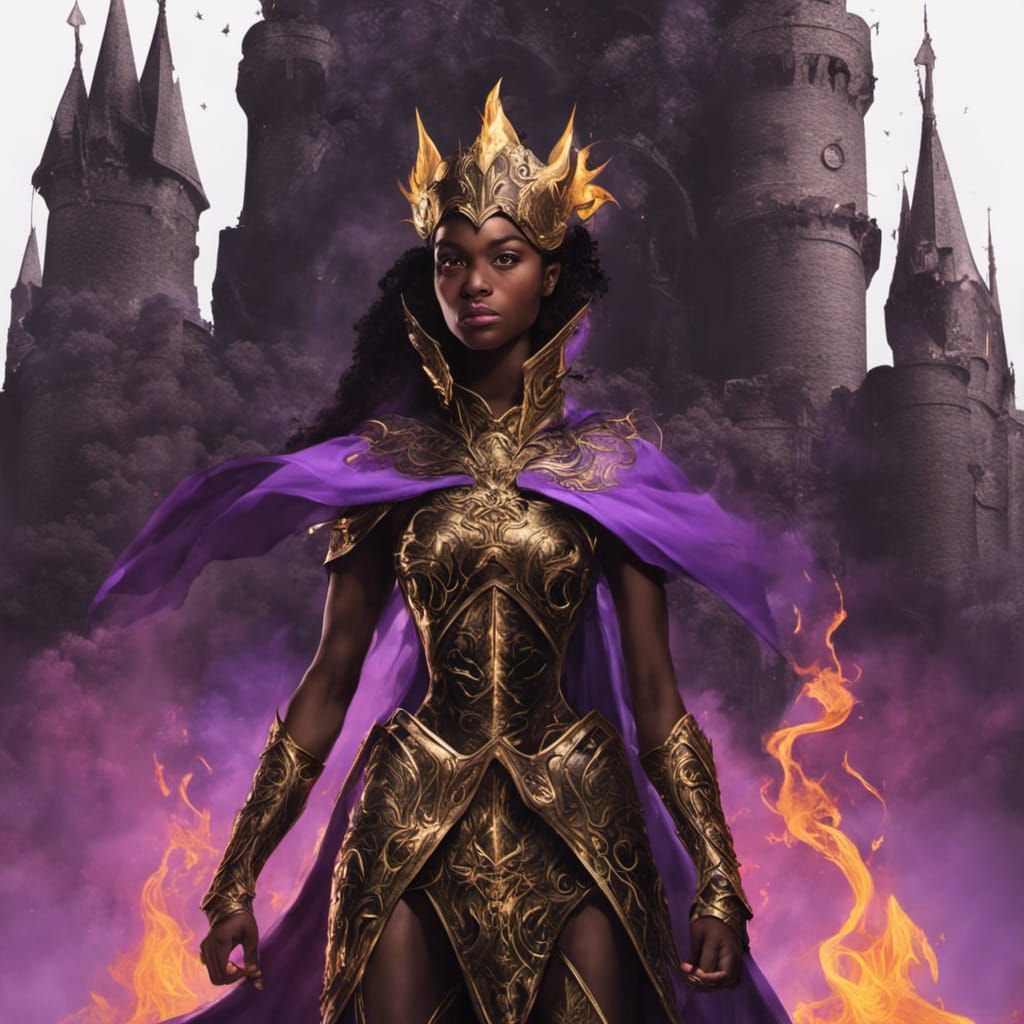 Black Elf in Golden Armor Amidst Burning Castle