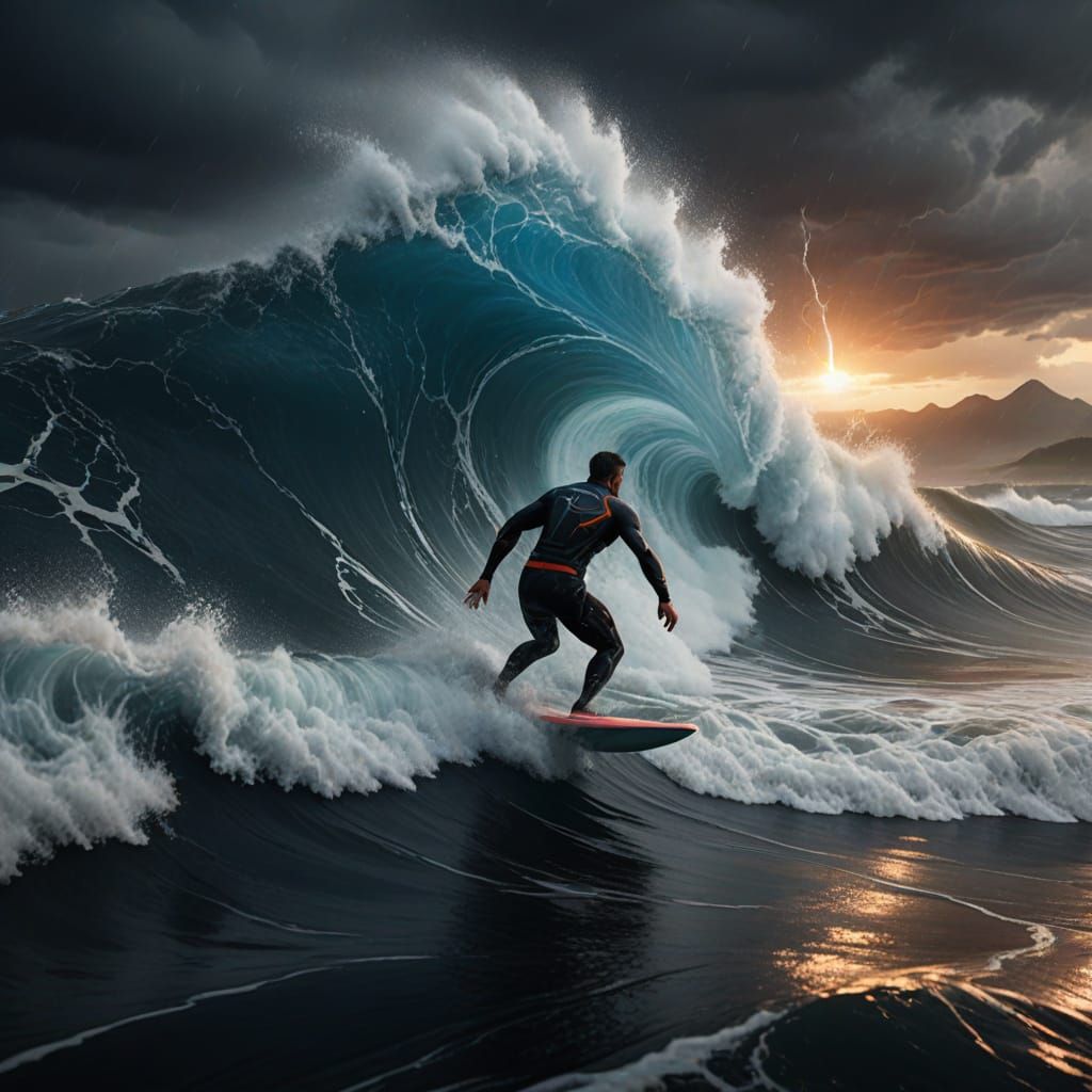 Fearless Surfer Defies the Stormy Sea in Hyper-Realistic Mat...