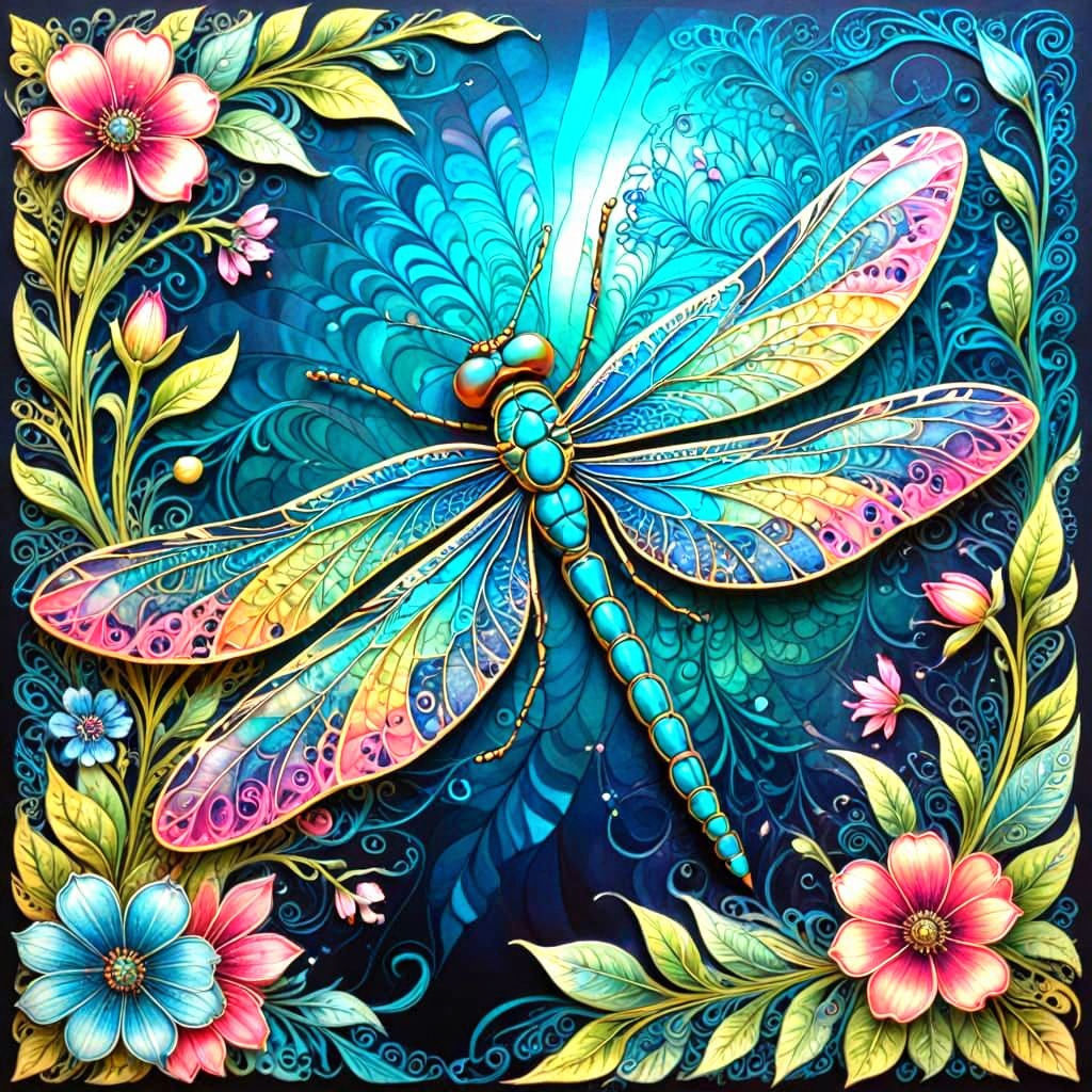 Iridescent Zentangle Dragonfly in Abstract Style