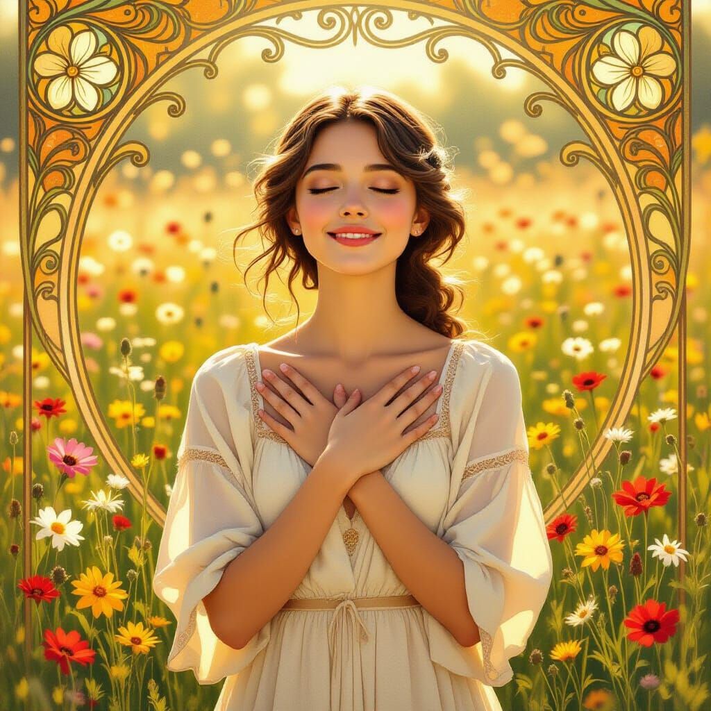 Serene Woman in Sun-Dappled Meadow, Art Nouveau Style
