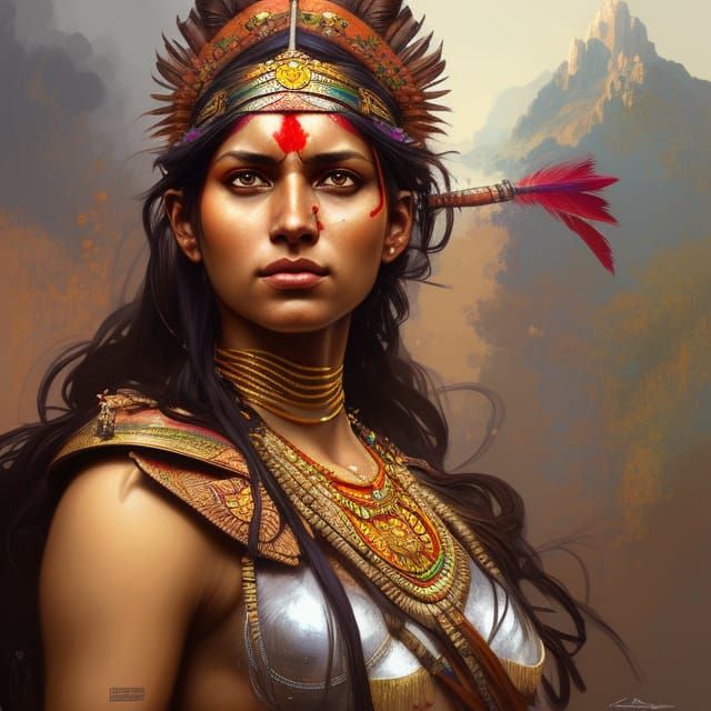 Indian Warrior Princess Portrait in Hyperdetailed Style