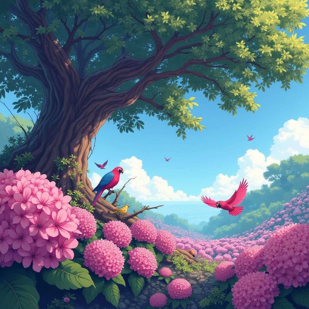 Vibrant Pink Hydrangeas Bloom in a Majestic Anime-Inspired S...