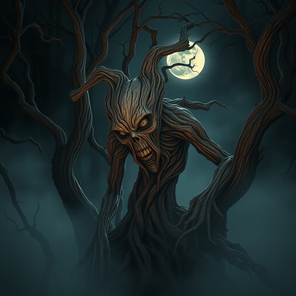 A hauntingly lifelike sculpture emerges from a dark, foggy f...