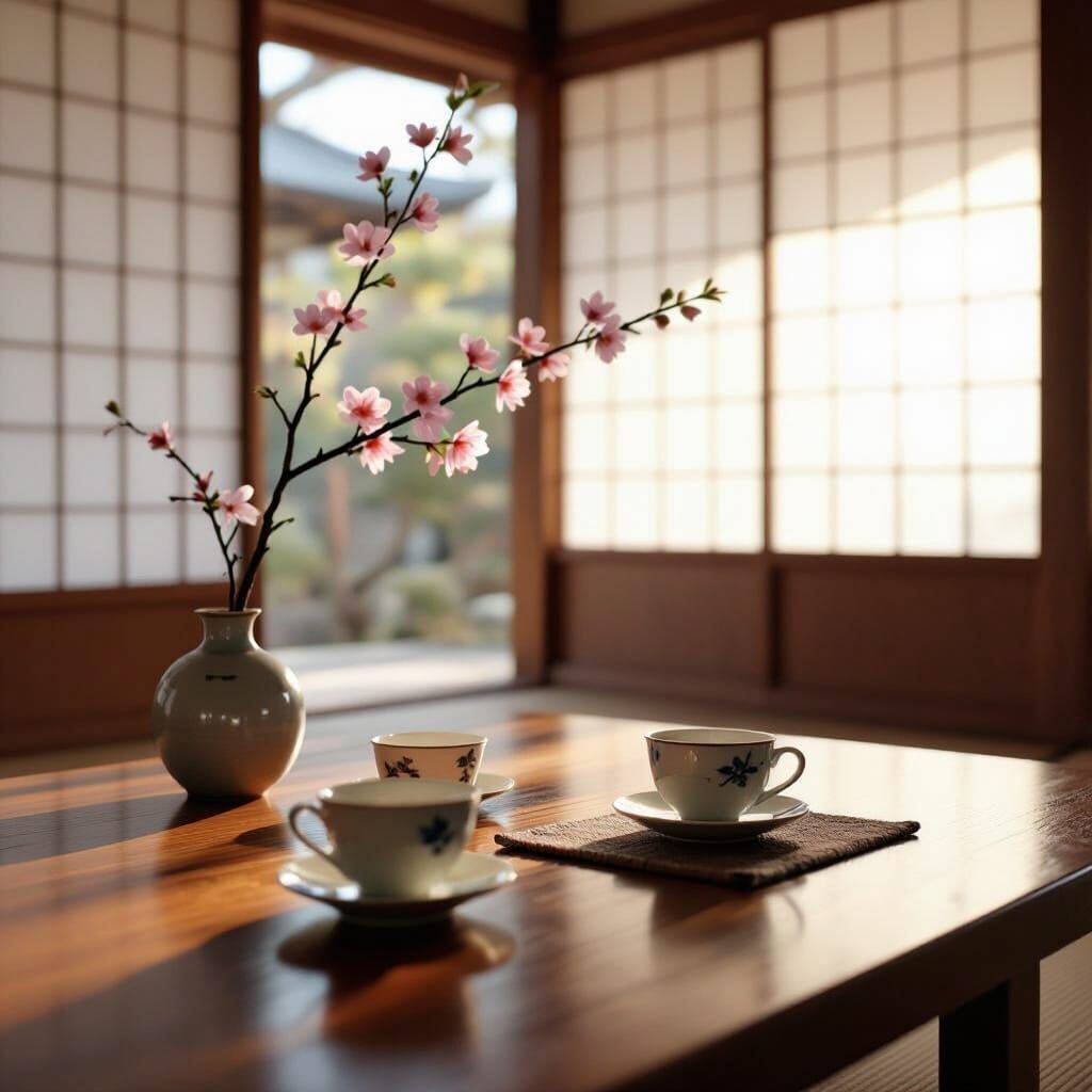 Tranquil Japanese Tea Room in Hokusai Style