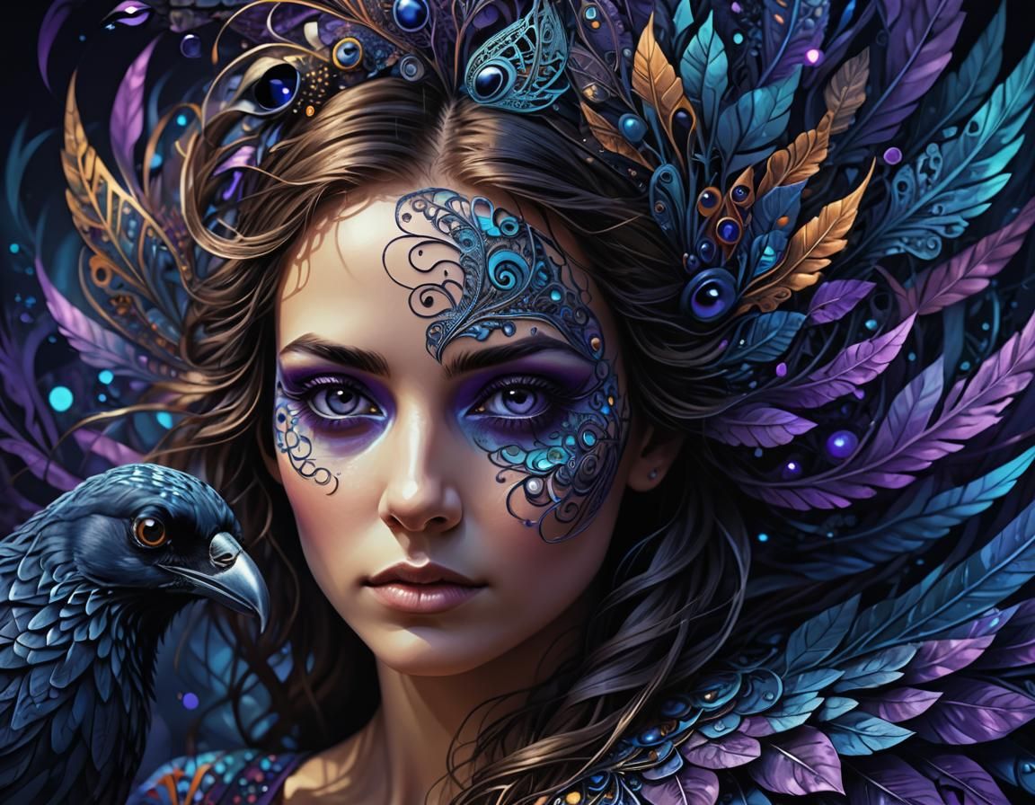 Mystical Fractal Woman with Crow-Black Eyes