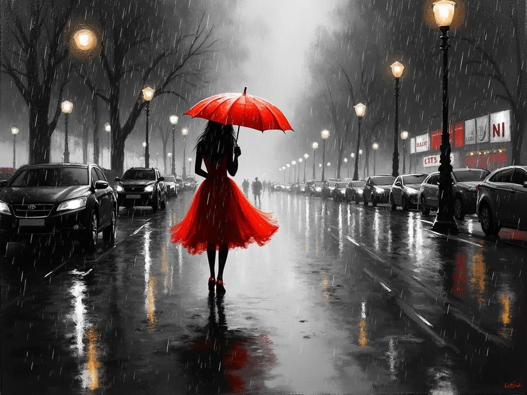 Elegant Woman in Colorful Contrast on a Rainy City Street
