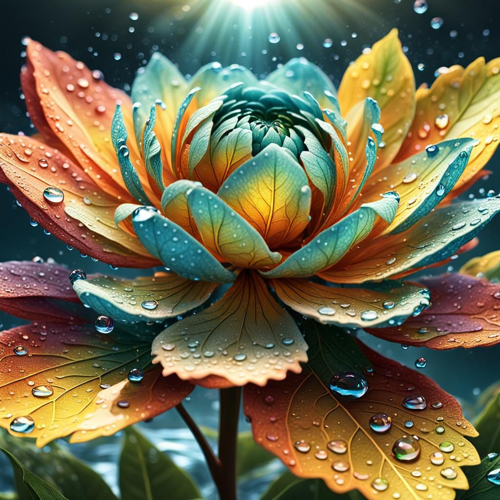 Hyperrealistic Sunrise Flower with Spring Leaves