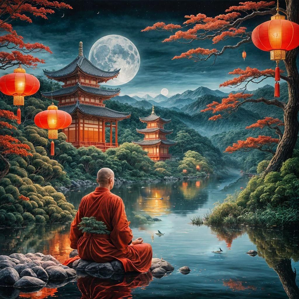 Meditating Monk by Moonlit River: Japanese Painting
