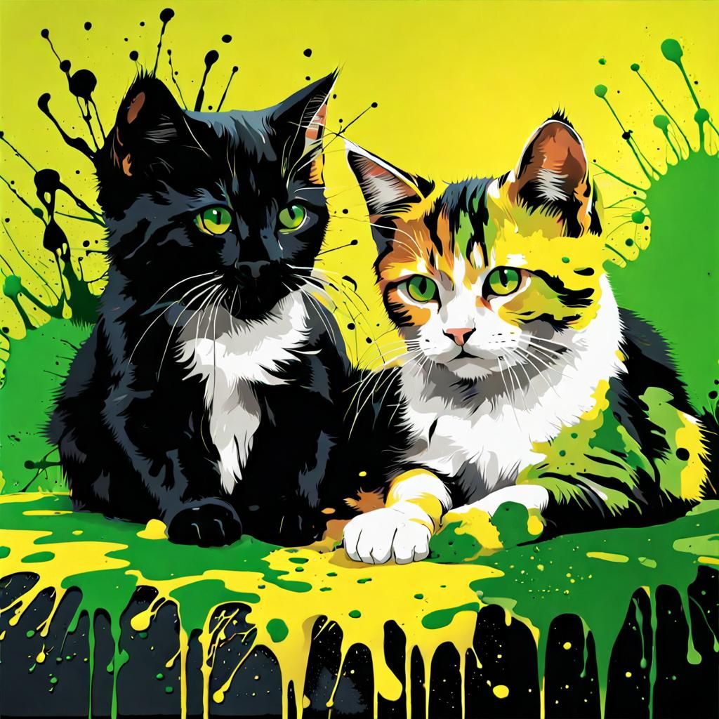 Cute Cats in Bright Ink Splatter Art