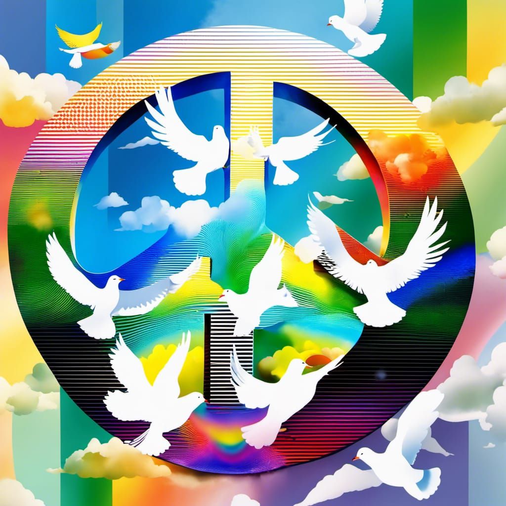 Doves Form Peace Sign in Rainbow Sky