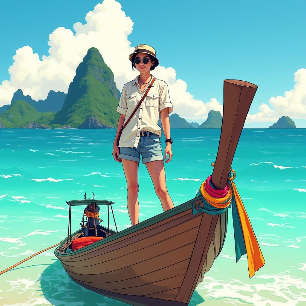 K-Pop Star Jinu on Indonesian Boat in Stylized Illustration