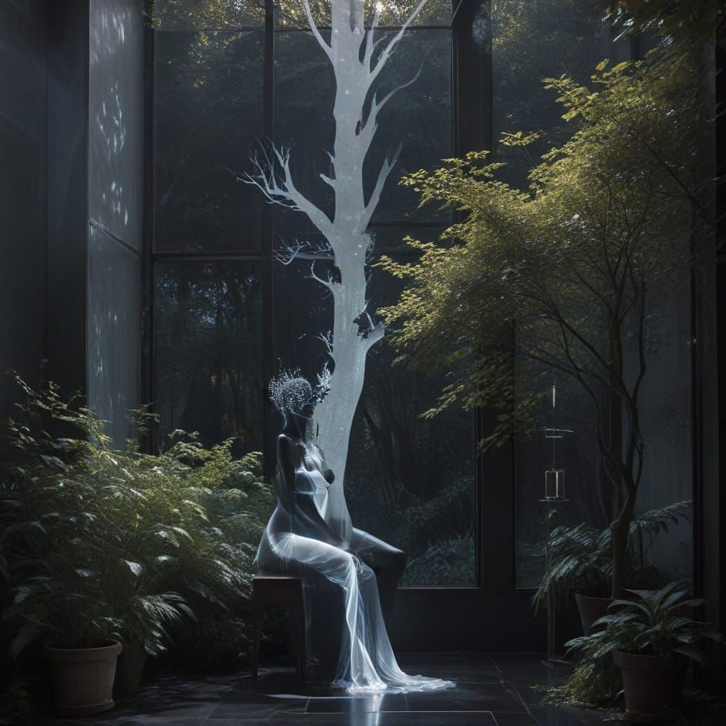 Surrealistic Scene of Trees Beyond an Indoor Room