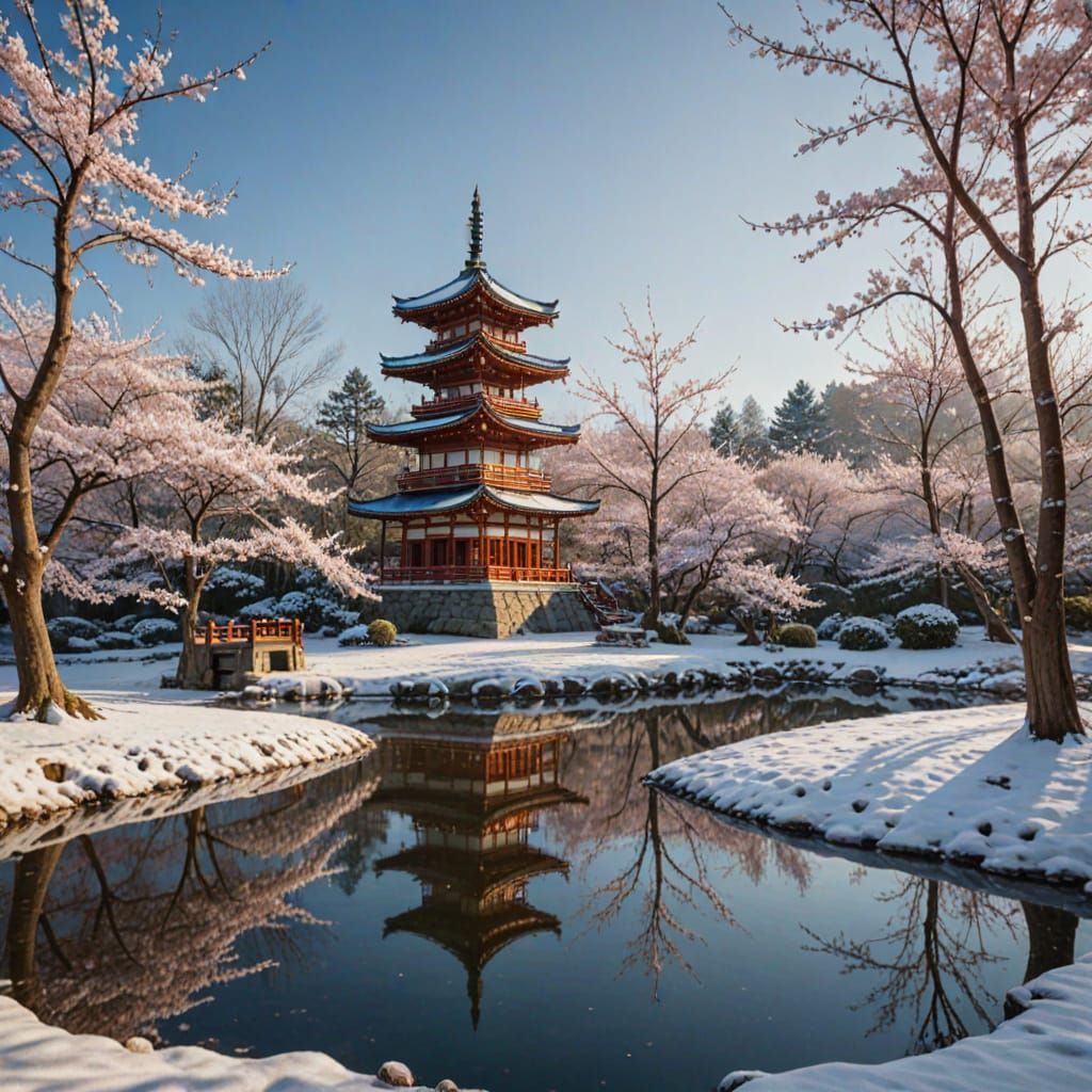 Surreal Japanese Pagoda in Winter Wonderland
