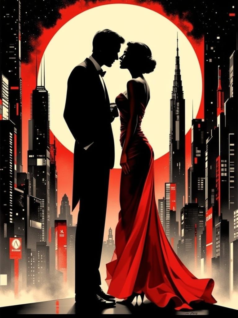 Retro-Futuristic Couple Embrace Under Moon in Vintage Style
