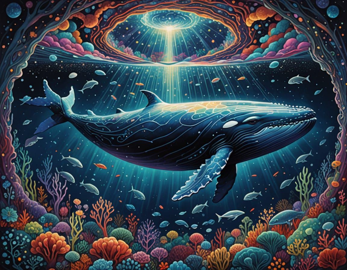 Surreal Astral Landscape Inside Glowing Whale Carcass