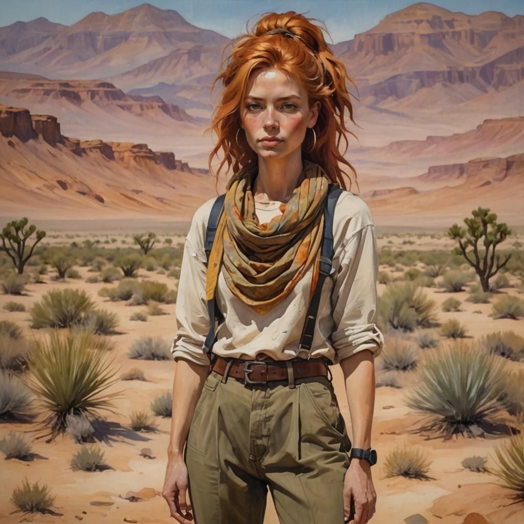 Desert Woman with Amber Hair as Gouache Painting