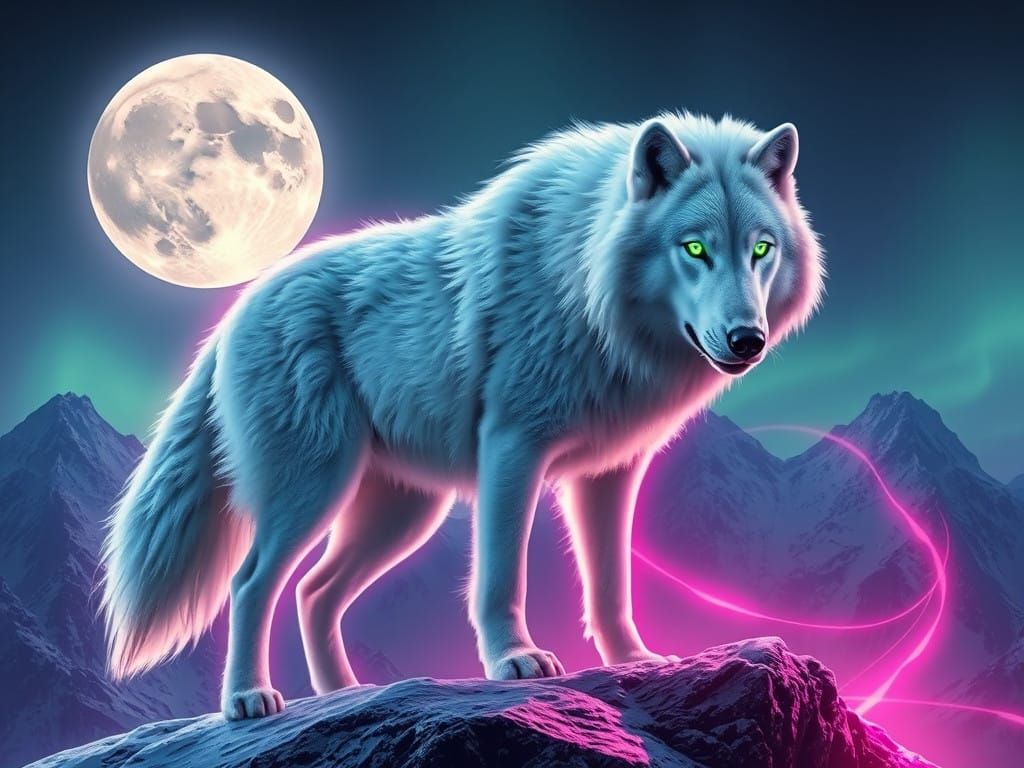 Majestic Alpha White Wolf Under Full Moon