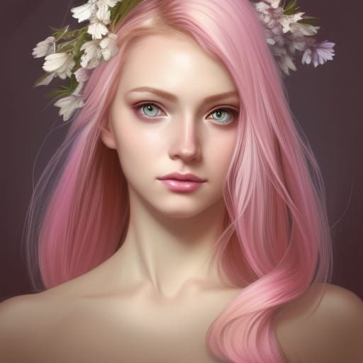 Elegant Pink Haired Woman Portrait in Art Nouveau Style