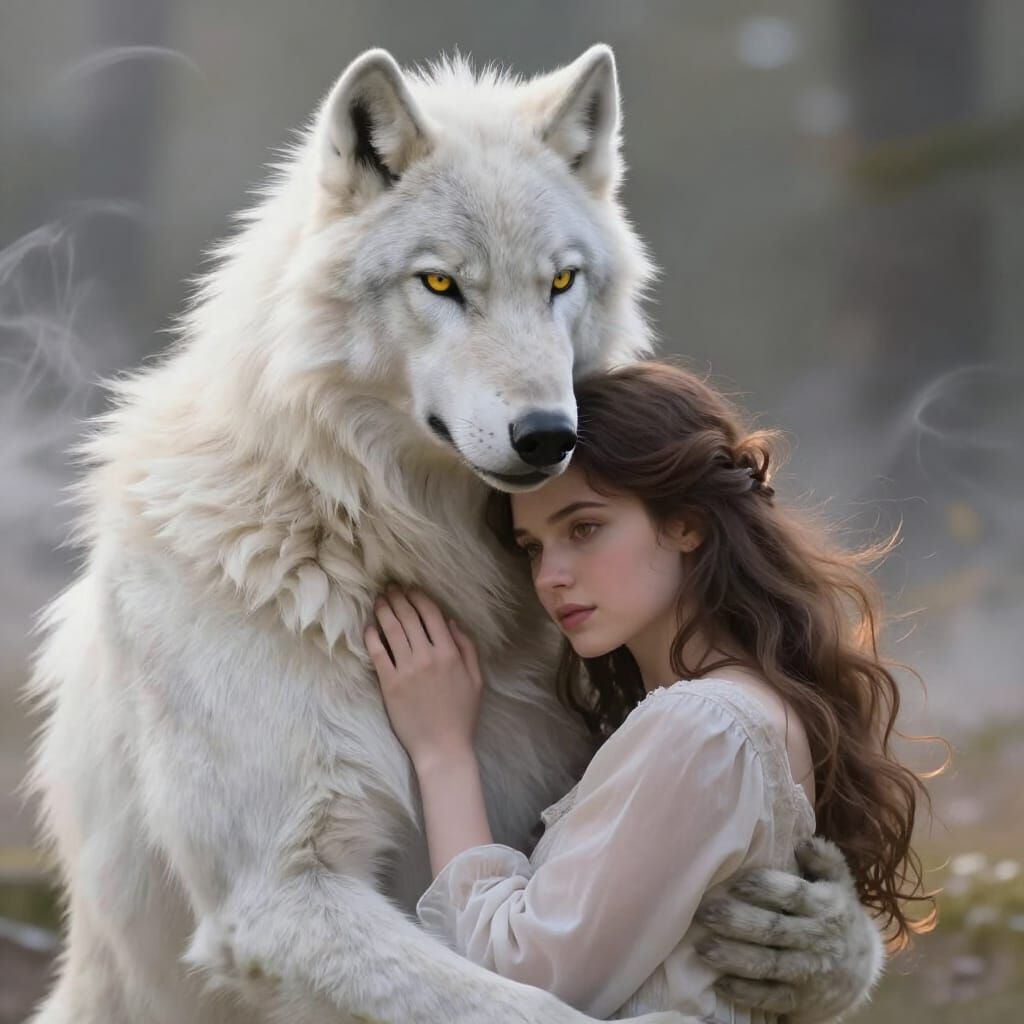 White Werewolf Lovingly Holds Woman in Cottage-core Glow