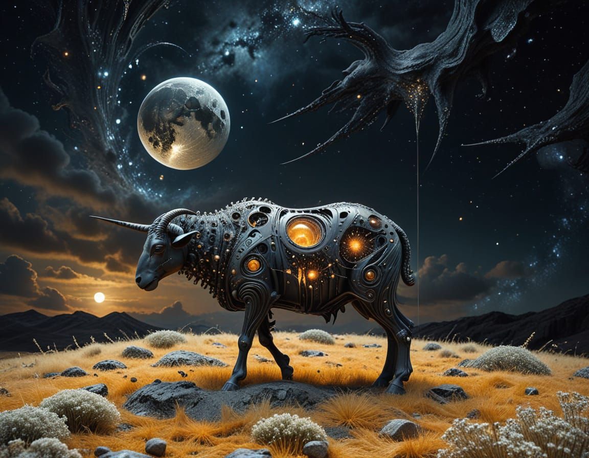 Cosmic Sheep Sculpture in Ethereal Dreamscape
