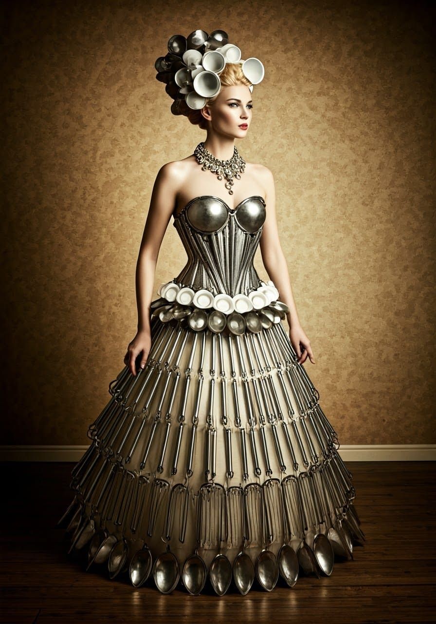 Model in Kitchen Utensil Outfit: Surrealist Style