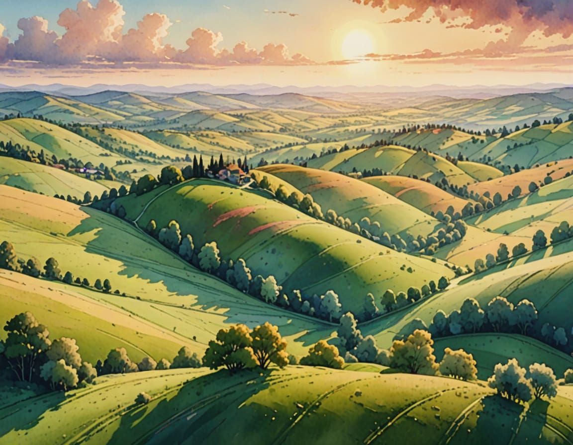 Dreamy Watercolor Landscape of Rolling Hills