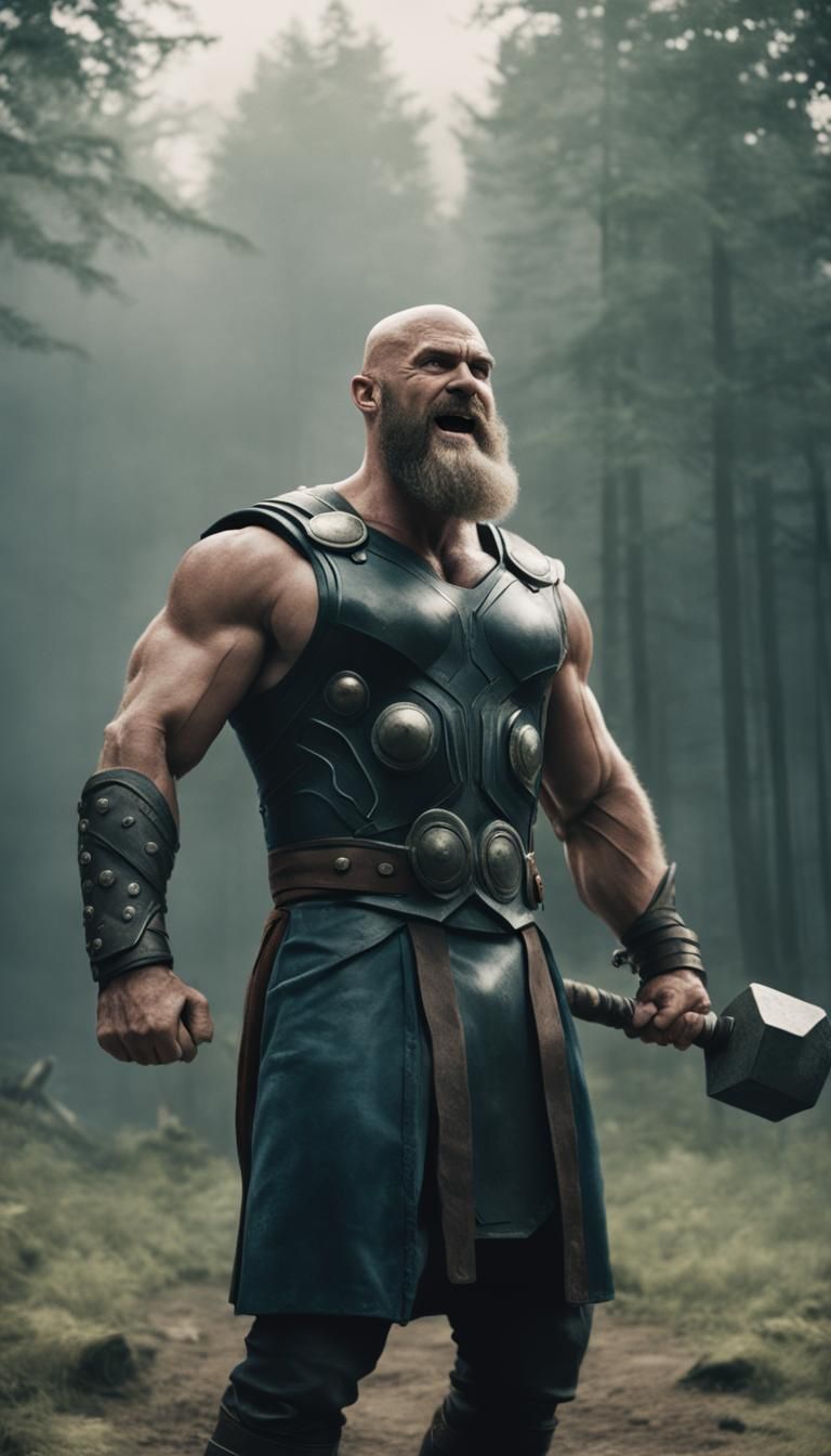 Slavic Thor with Hammer: Cinematic Film Still
