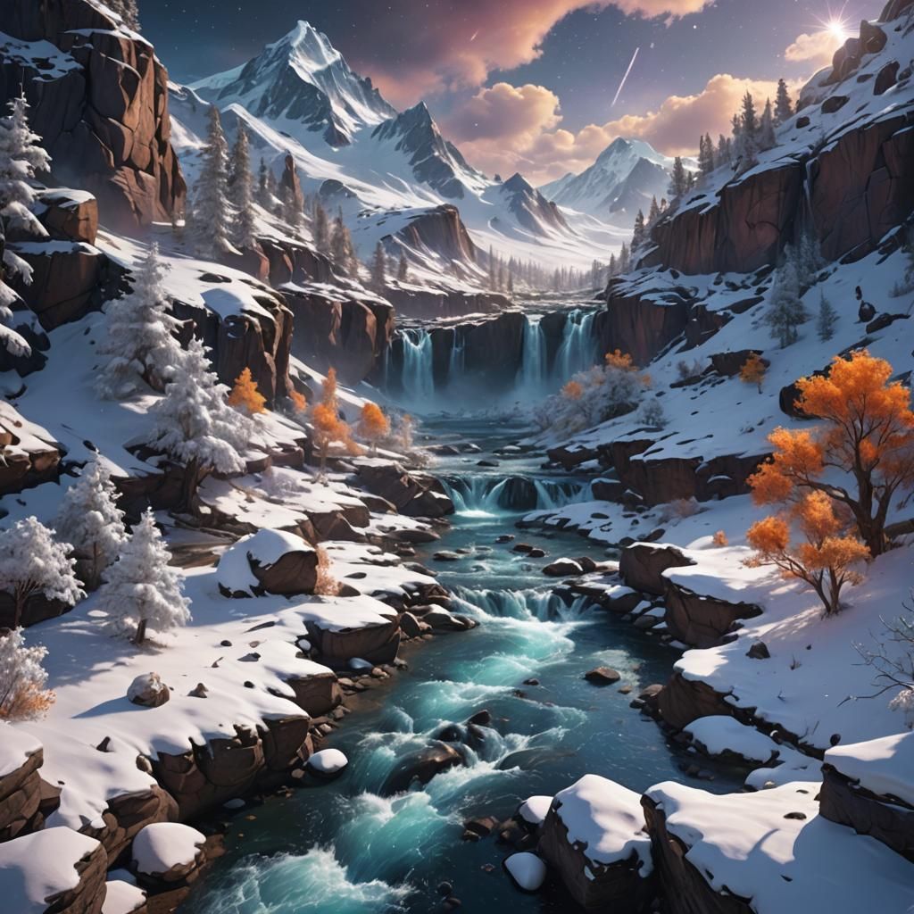 Snowy Streams in a Detailed Fantasy Landscape