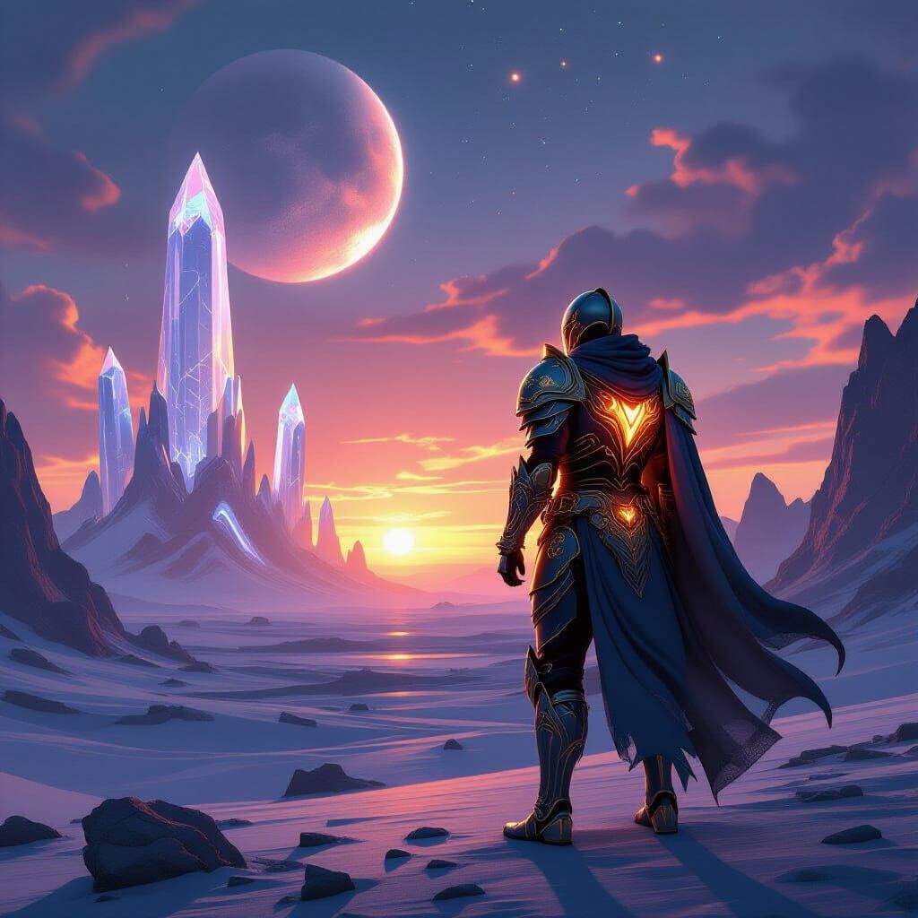 Warrior in Glowing Armor on Alien Planet