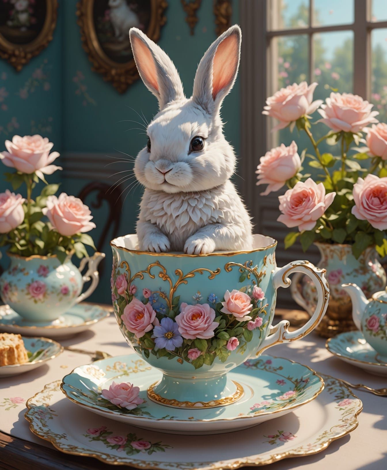 Whimsical Bunny in a Teacup Wonderland