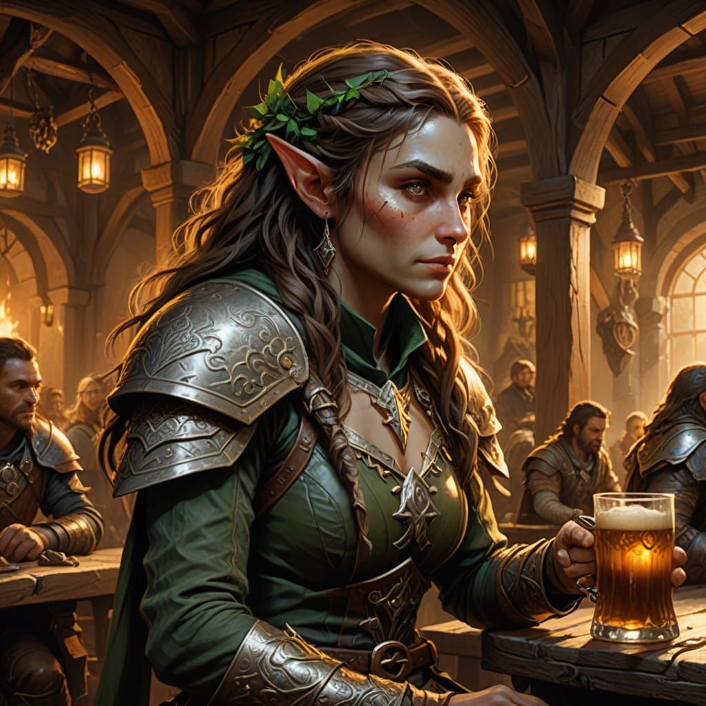Fantasy Elf Maiden Sits in Tavern, Oil Painting Style
