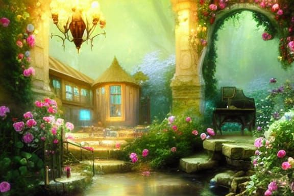 Magical Rose Cottage by Stream: Intricate Oil Painting
