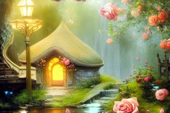 Magical Rose Cottage by Stream: Intricate Oil Painting