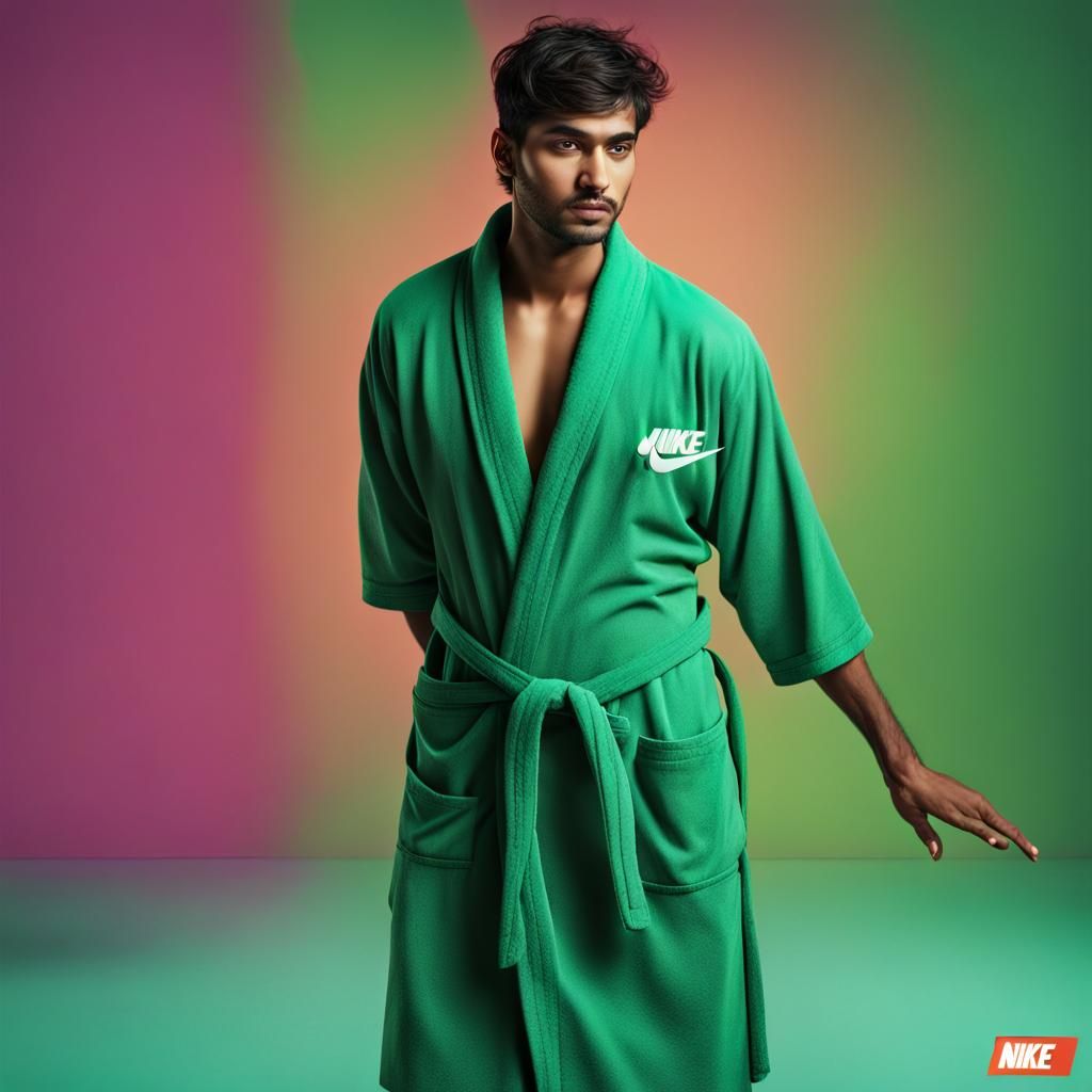Indian Man Model in Green Nike Bathrobe