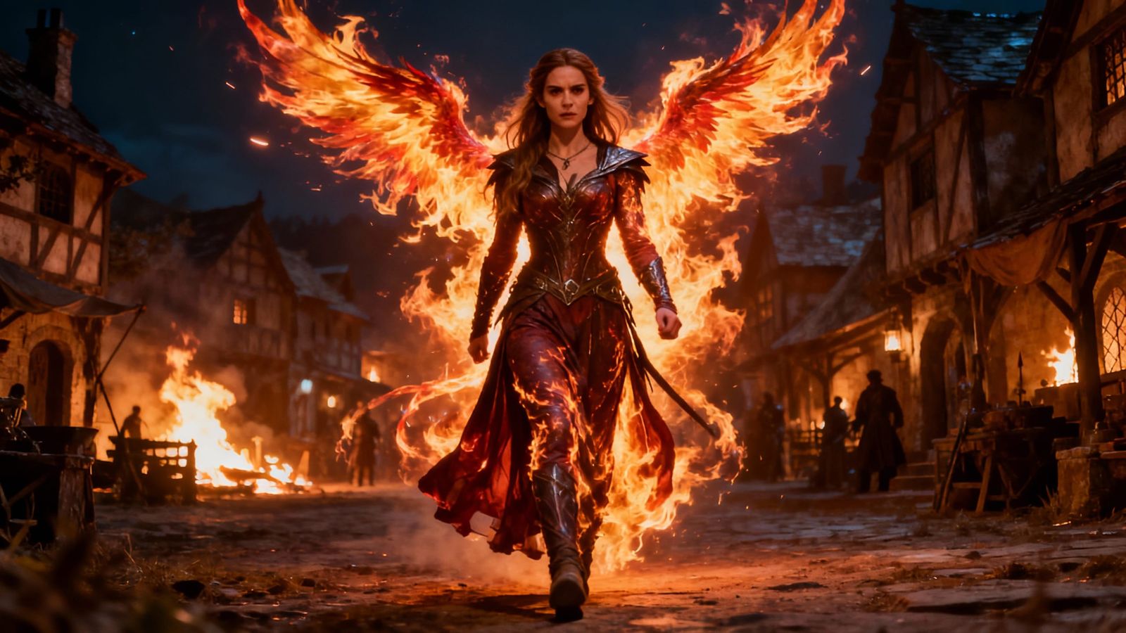 Warrior Woman Unleashes Fiery Power in Burning Village