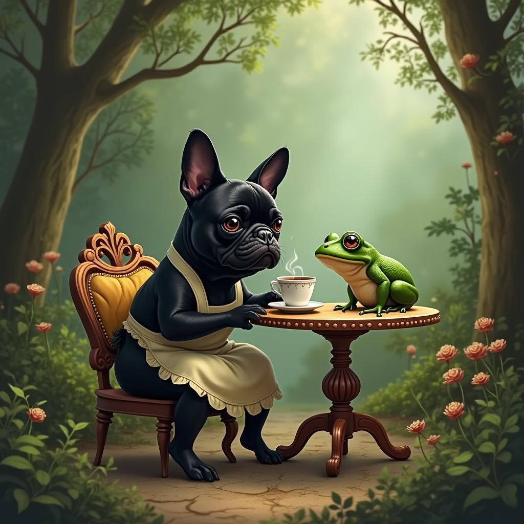 Pug and Frog Coffee Break, Dreamlike Digital Art