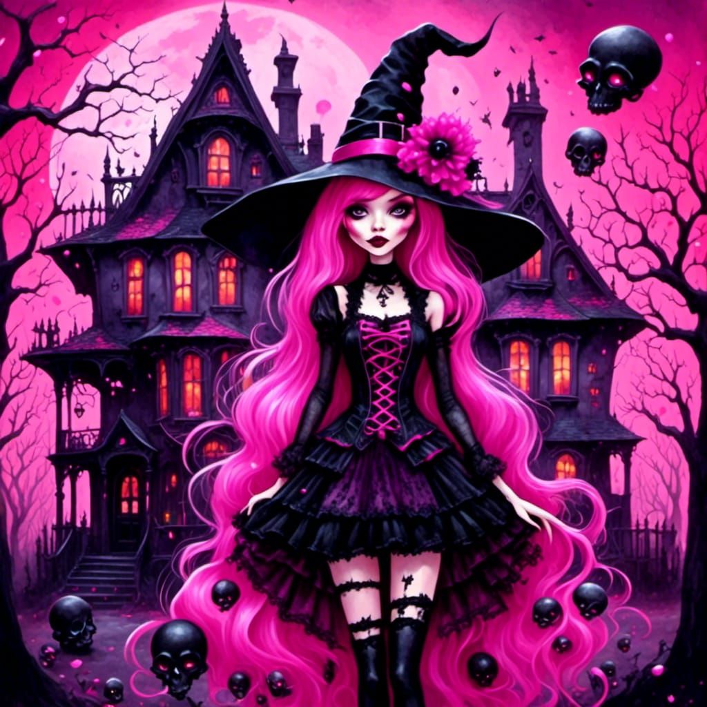 Whimsical Gothic Witch in Dreamy Watercolor Style