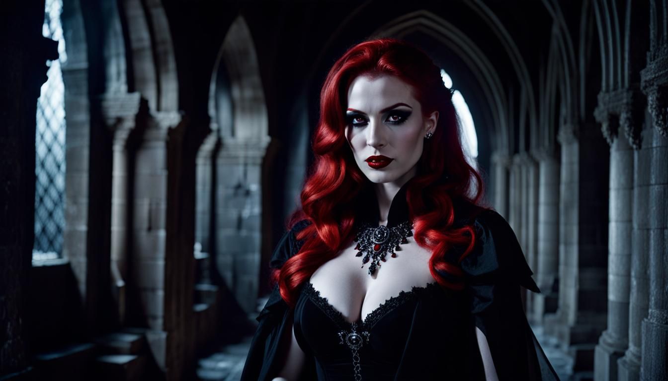 Gothic Redhead Vampire in Dark Castle Hallway