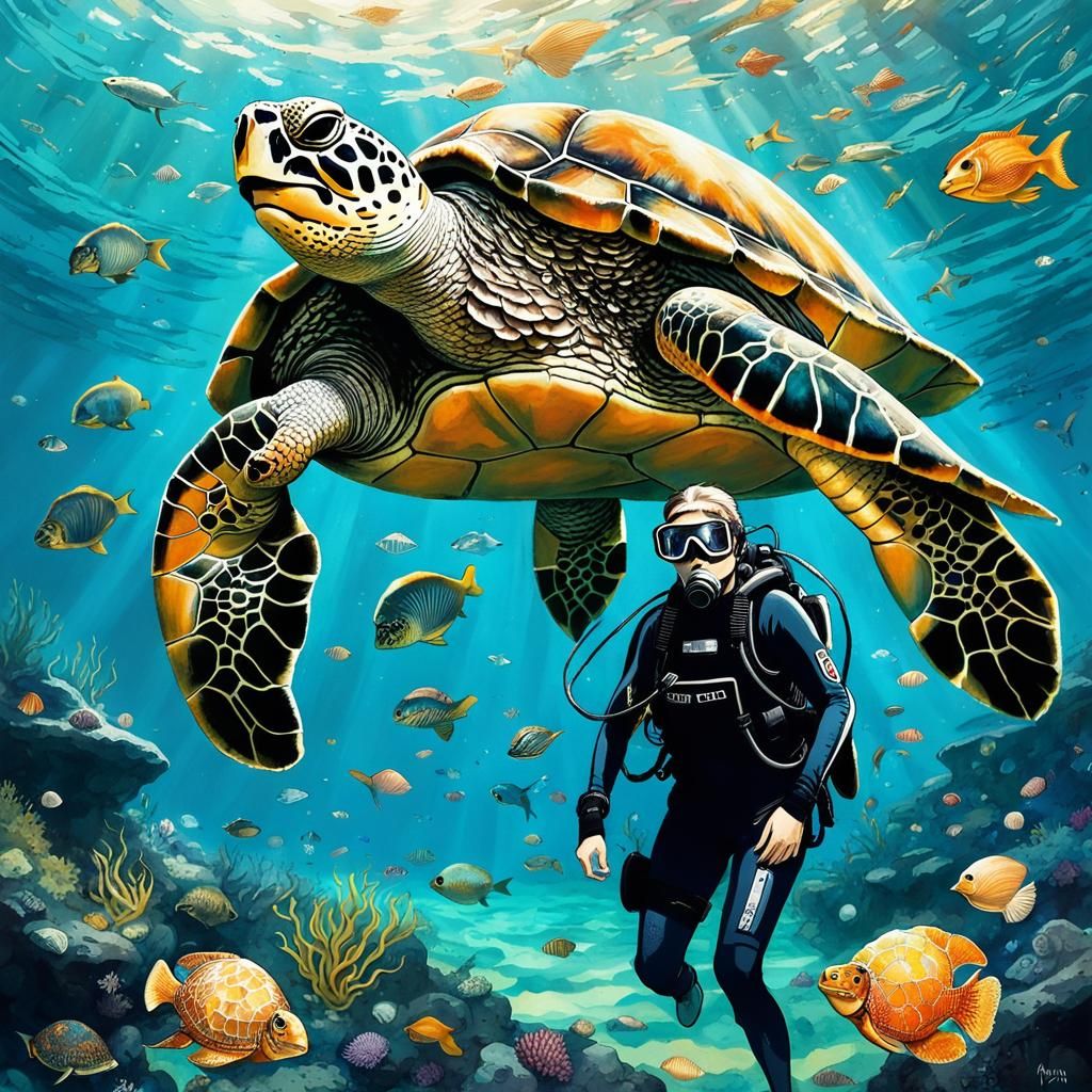 Underwater Scuba Diver Encounters Giant Turtle