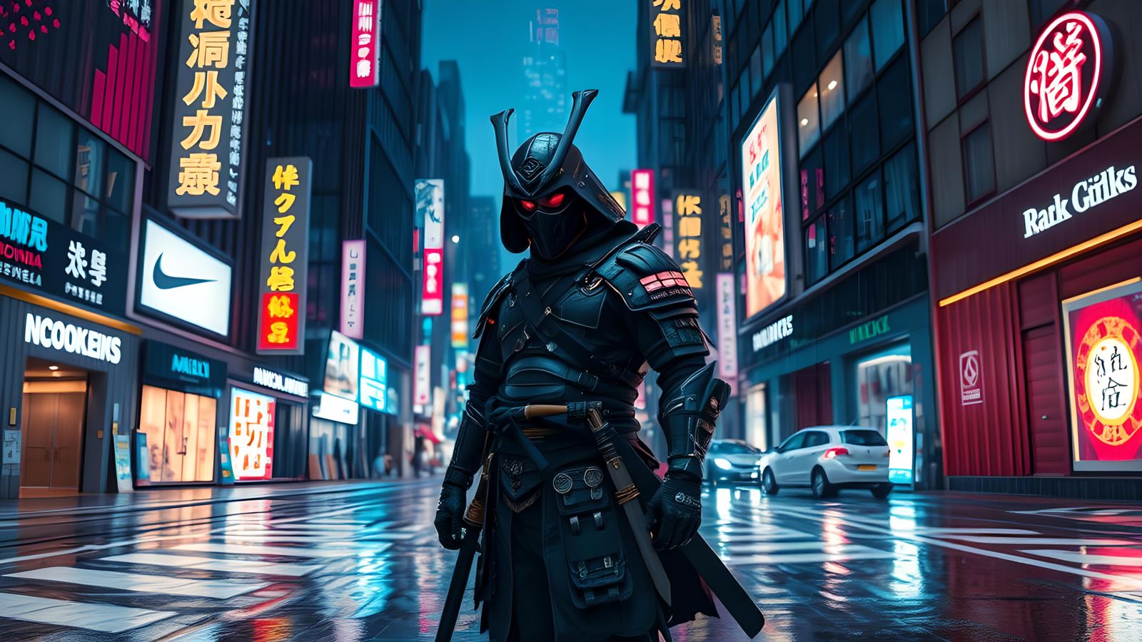 Cyberpunk Samurai Warrior in Rainy Neon City