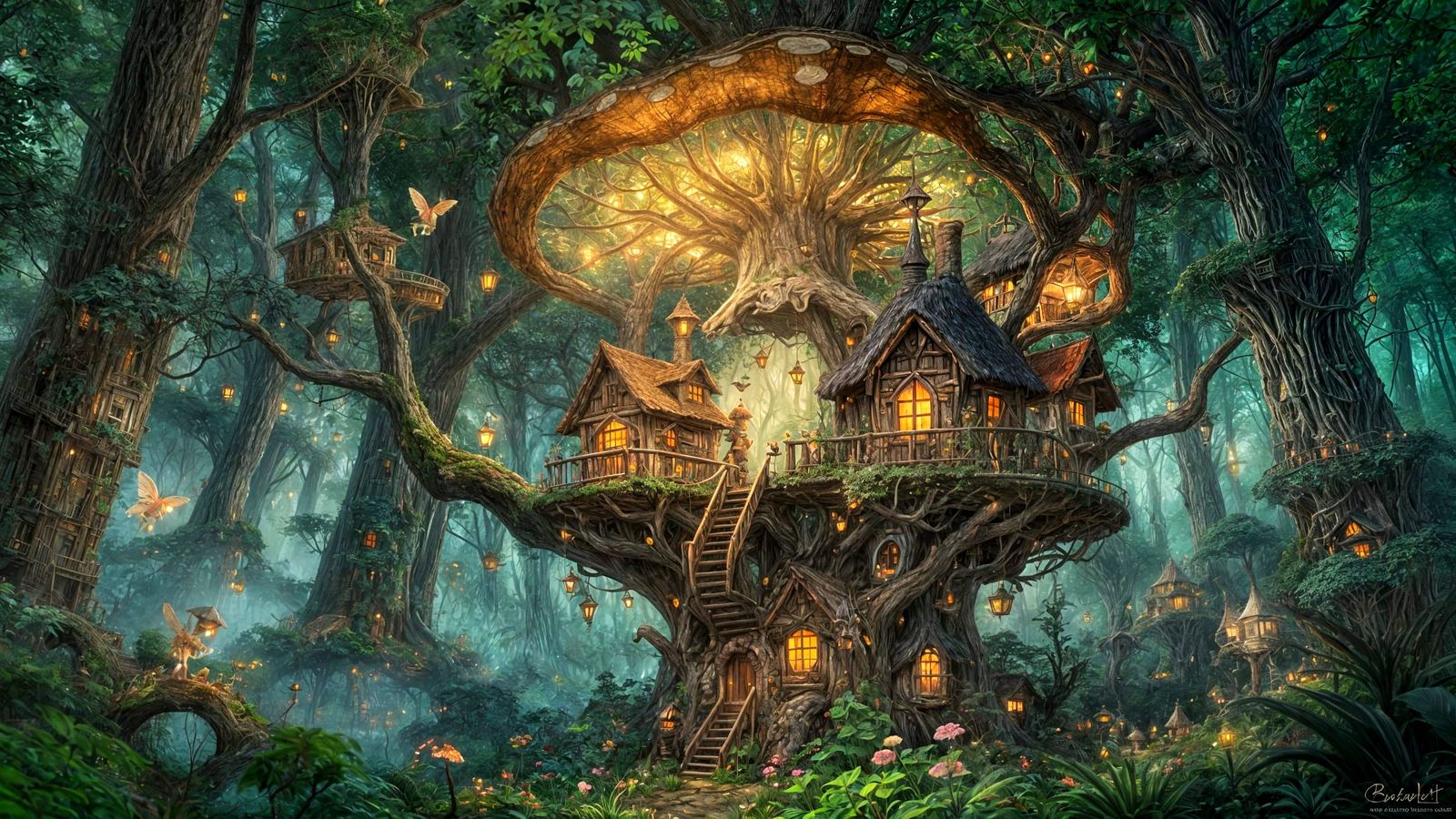Whimsical Mushroom Treehouse Village with Fairies
