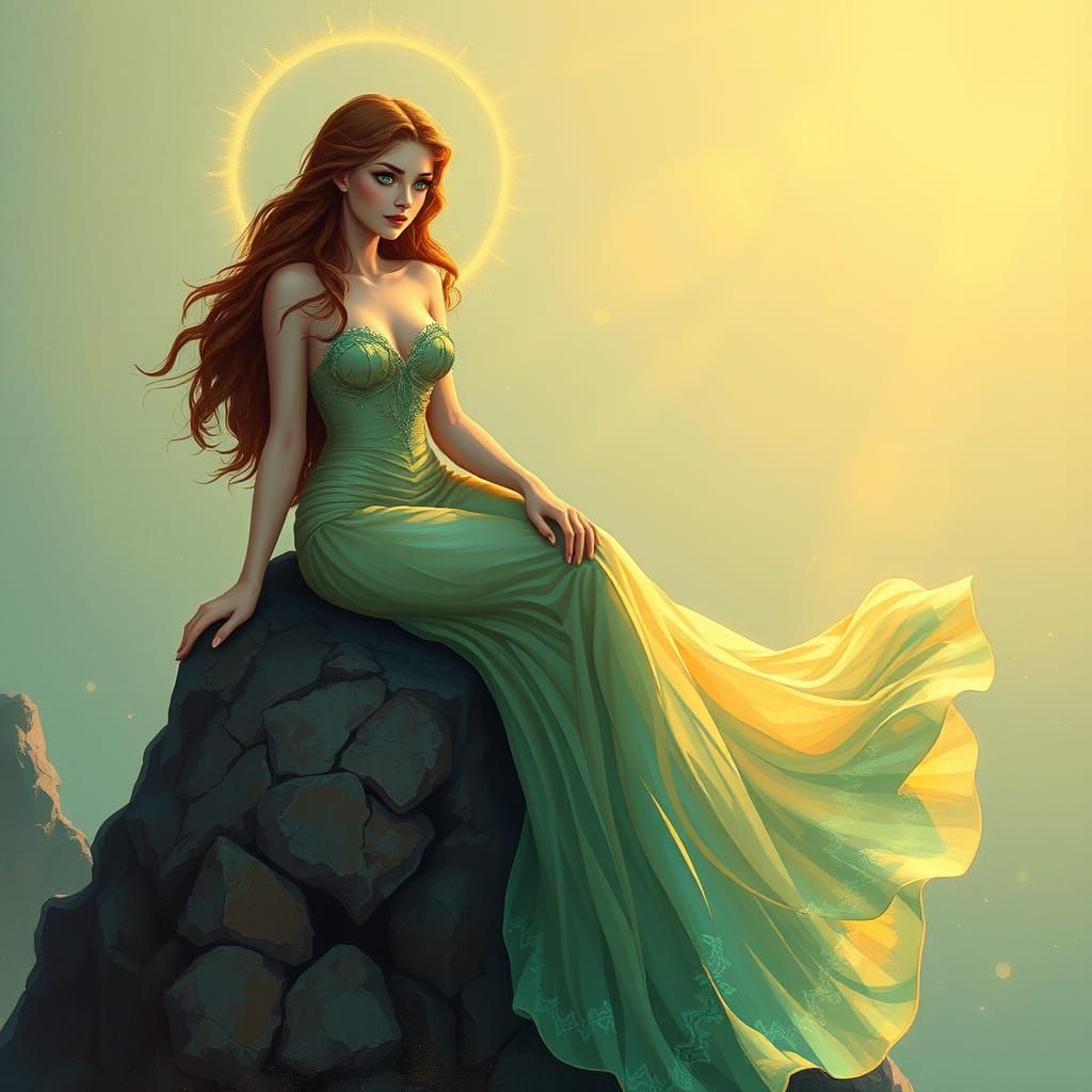 Ethereal Emerald Siren Amidst Golden Aura