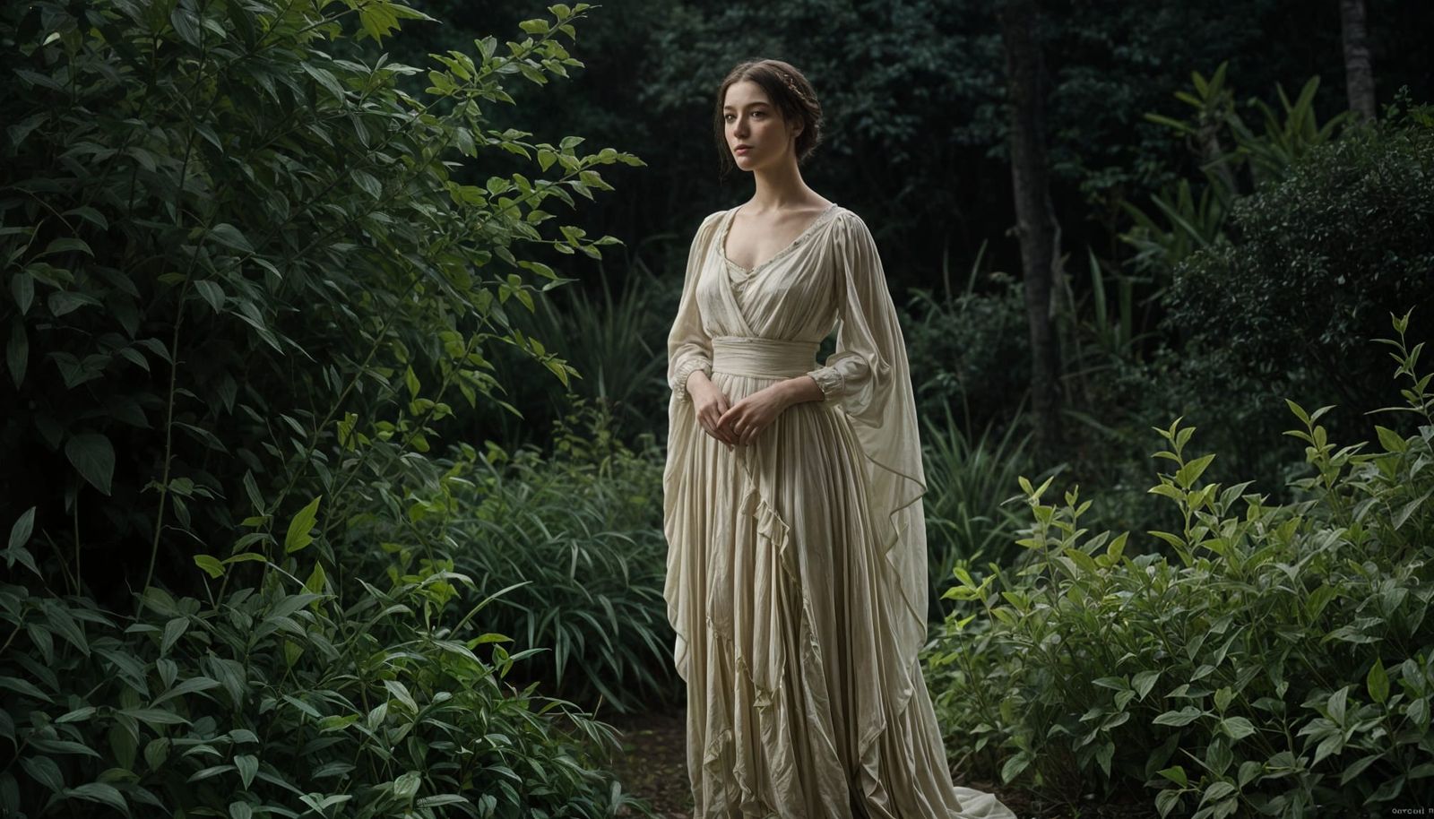 Elegant Woman in a Moonlit Garden, circa 1904, in the Style...