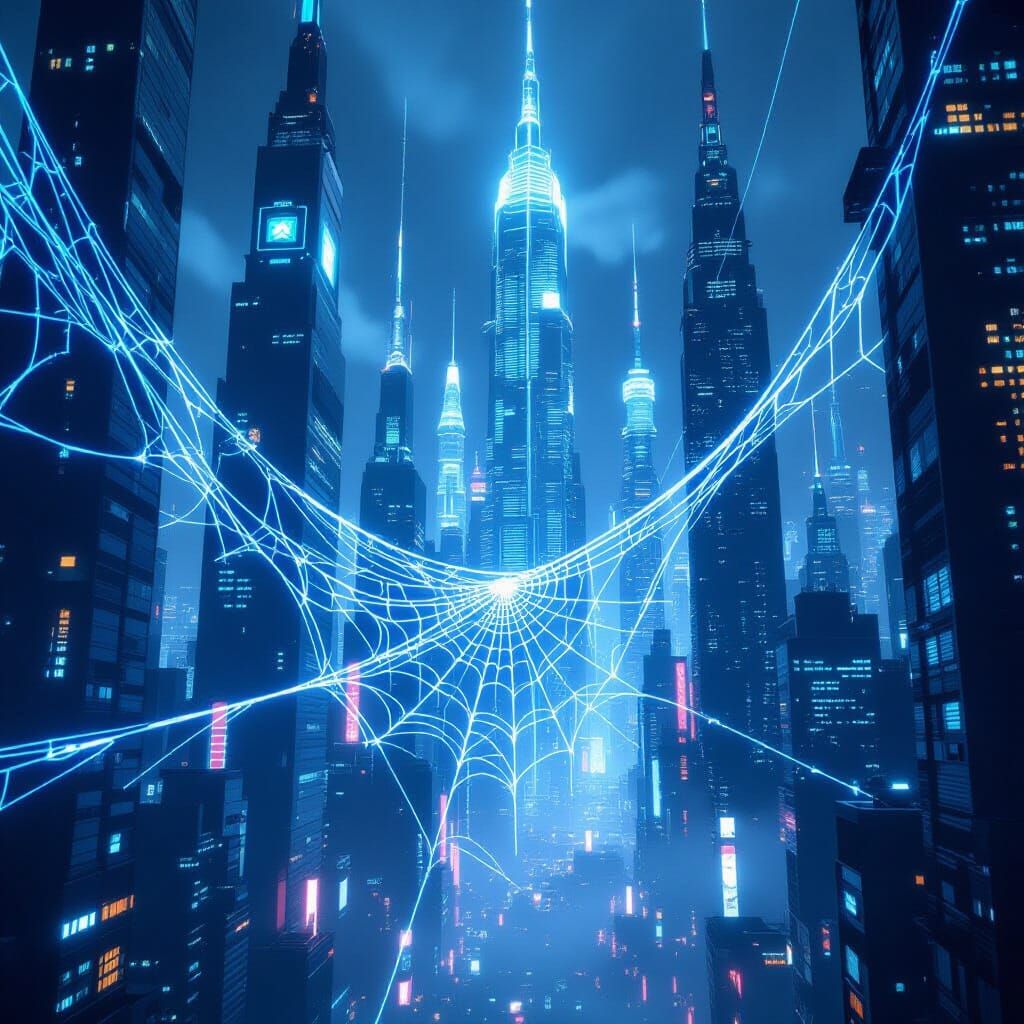 Ethereal Web Cityscape: Futuristic Skyscrapers in Neon Light