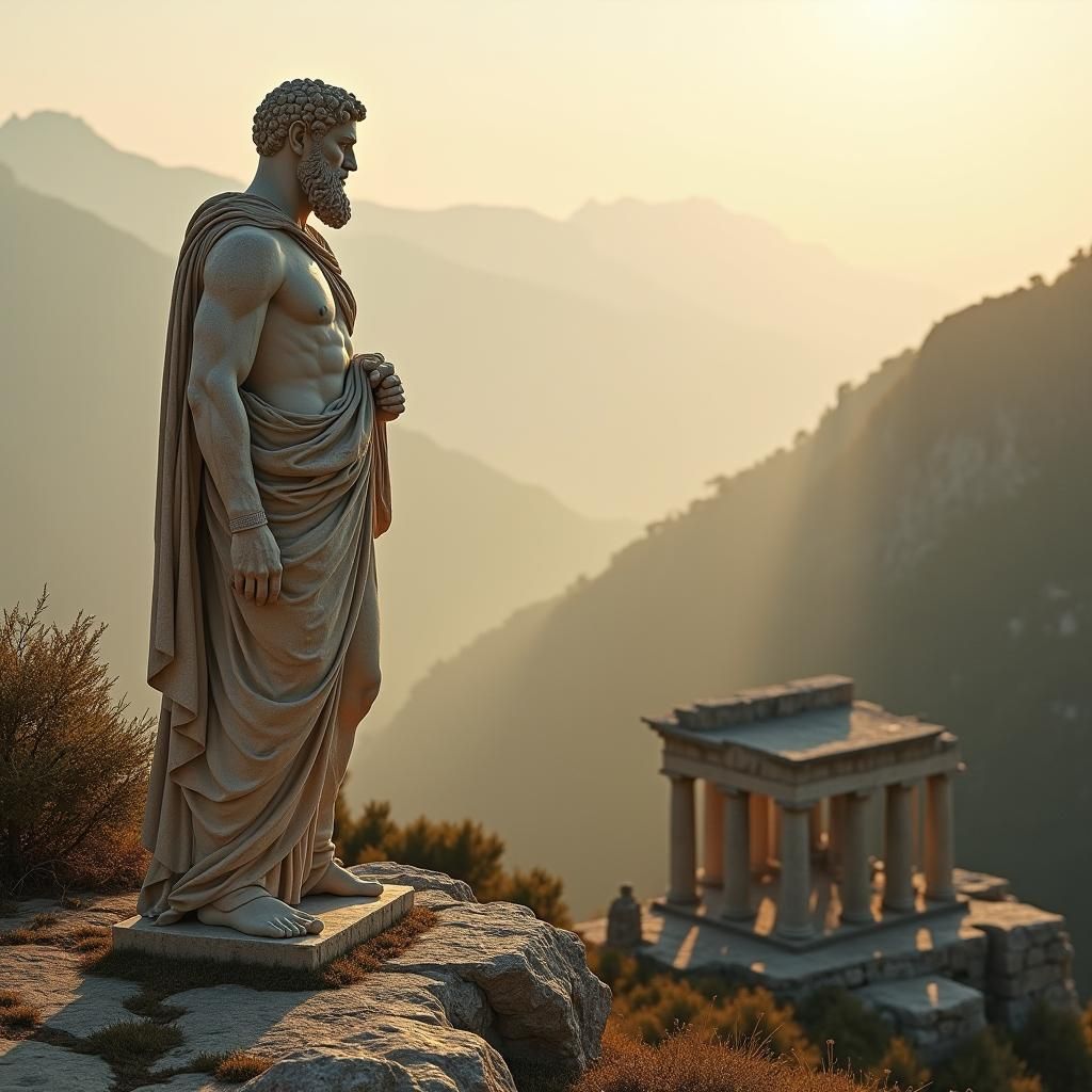 Stoic Philosopher Statue in Ancient Greek Landscape