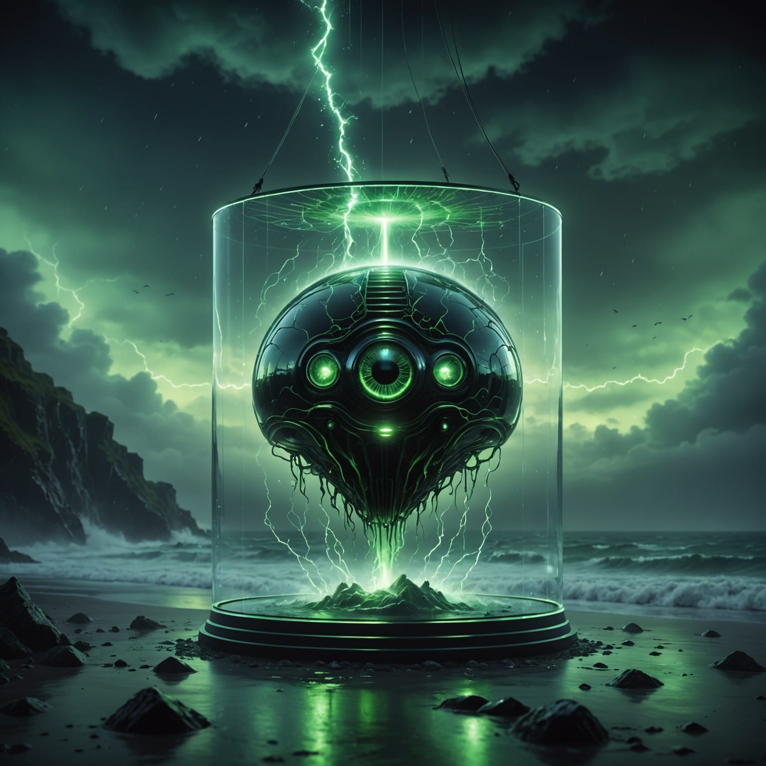 Ethereal Biomechanical Structure in Neon Noir Fog