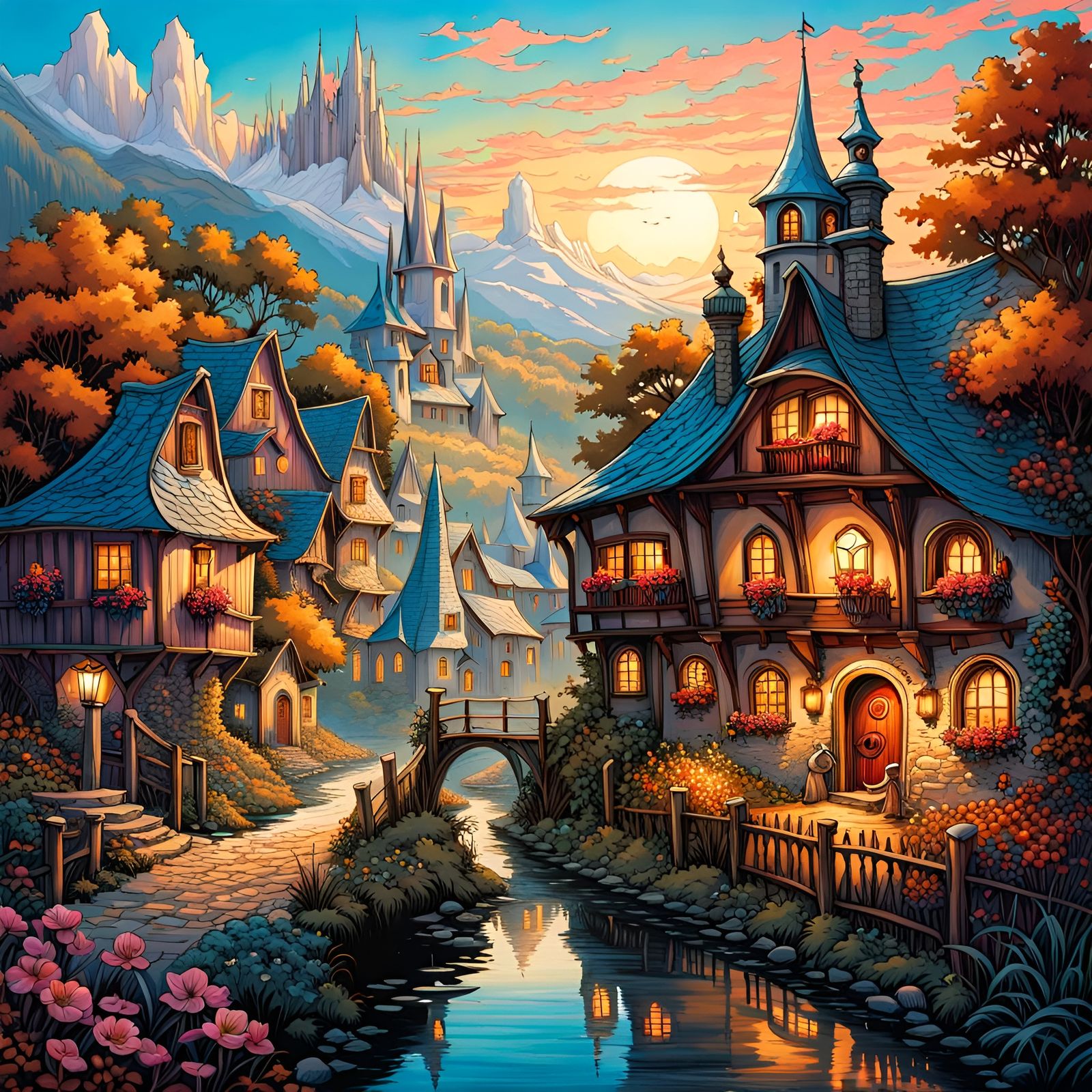 Whimsical Fantasy Village in Art Nouveau Style