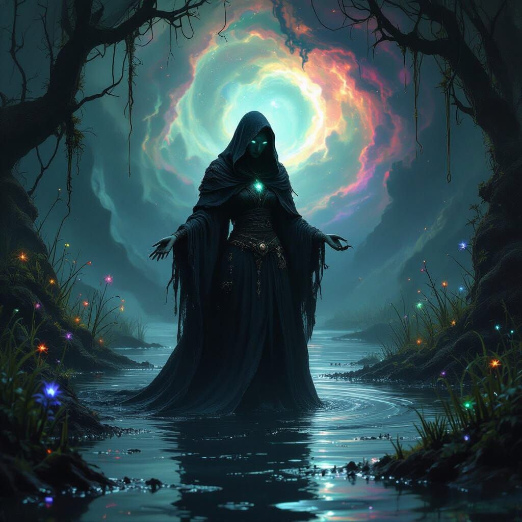Sorceress Conjures Magic in Cosmic Swamp