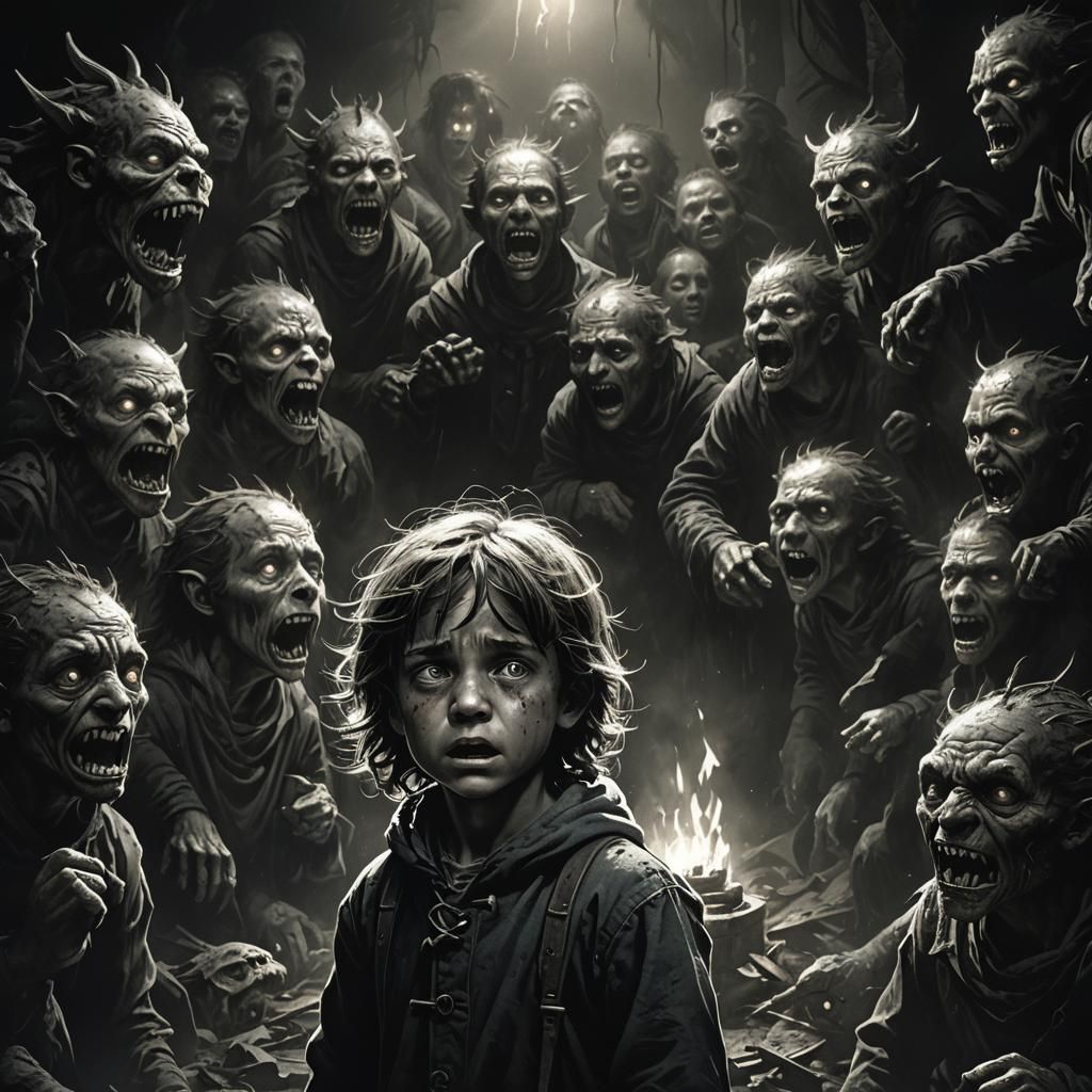 Dark Fantasy: Abandoned Child Surrounded by Monsters