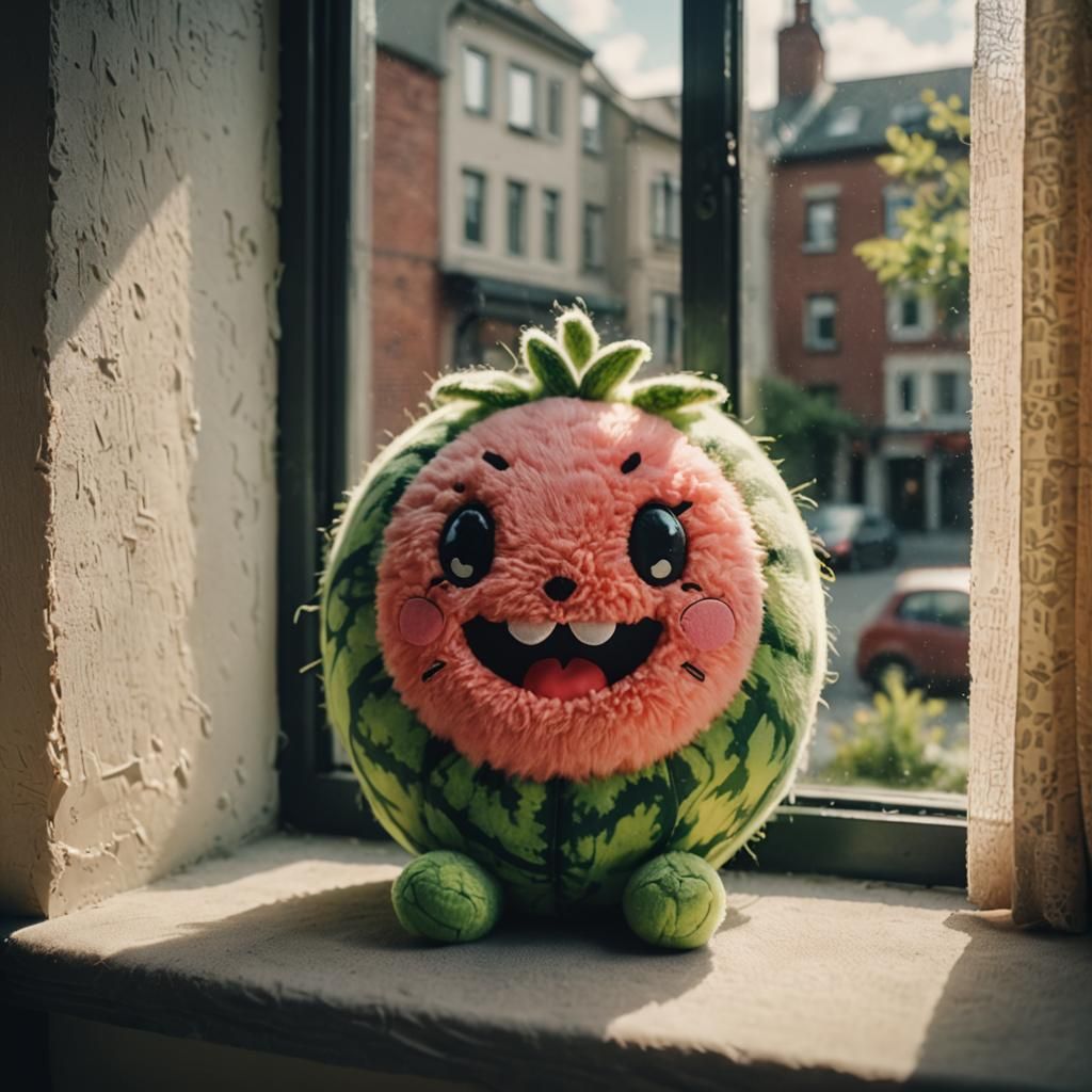 fluffy fuzzy little watermelon plushie with a cute face, sof...